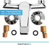A bathroom faucet and its accessories are displayed against a white background. Produktbild-Vorschau