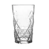 A clear, studio shot of a single glass tumbler with a geometric pattern. Voir les images du produit