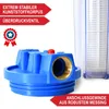 Close-up of a blue water filter head with a brass fitting and a red pressure release valve. Red promotional banners with German text are in the upper left and lower right corners. A white filter cartridge is visible in the background. Produktbild-Vorschau