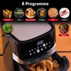 A close-up marketing image of a black air fryer with various food program icons displayed above it. Produktbild-Vorschau