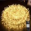 A large coil of warm white LED string lights with a black power adapter in the foreground. Anteprima dell’immagine prodotto