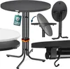 A collage of images showcasing a foldable outdoor bistro table from multiple angles, including its folded state and a close-up of its base and hook.