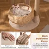 A cat is resting in a woven basket on a cat tree. The image includes close-ups of the product's features and descriptive text. Náhled obrázku produktu
