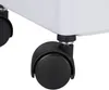 A close-up view of the wheels and bottom corner of a white kitchen trolley. Produktbild-Vorschau
