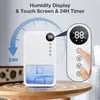 A white dehumidifier with a blue water tank is shown on a wooden table, with a close-up inset of its touch screen controls. Text overlays highlight features like 'Humidity Display & Touch Screen & 24H Timer'. Produktbild-Vorschau