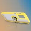 A yellow and clear phone case with a ring holder, shown from the side on a gradient background. Produktbild-Vorschau