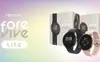 A marketing image showcasing two Forever ForeVive Lite smartwatches, one black and one pink, with their packaging in the background. Podgląd zdjęcia produktu