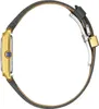 Side view of a gold-toned watch with a gray leather strap and a blue stone on the crown. Podgląd zdjęcia produktu