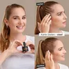 A collage showing a woman demonstrating a hair product. The top left shows her smiling and holding the product. The top right shows her applying it to her hairline. The bottom right shows the result after application. Produktbild-Vorschau