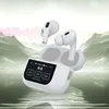 White wireless earbuds and charging case are shown floating against a stylized background of green mountains and a pink sound wave graphic. Voir les images du produit