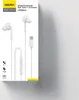 A product shot of white wired earphones with a USB-C connector, presented on a white and light gray background. Voir les images du produit