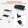 A two-step folding stepladder is shown with close-up images highlighting its anti-slip features. Podgląd zdjęcia produktu