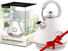 A product shot of a white electric kettle with rose gold accents, next to its packaging. A red ribbon is tied around the kettle. Produktbild-Vorschau