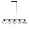 A black pendant light fixture with five geometric metal shades hanging from a black bar. Produktbild-Vorschau