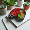 A ladybug-shaped tin filled with candies sits on a notebook next to a pen and potted succulents. Produktbild-Vorschau