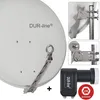A satellite dish and LNB are shown, with close-up insets of the mounting hardware. Produktbild-Vorschau