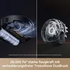 A split image showing the internal components of a vacuum cleaner, with text describing its suction power. Produktbild-Vorschau
