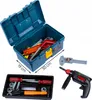 A toy tool set including a toolbox, a drill, a caliper, and other tools, laid out on a white background. Produktbild-Vorschau