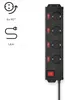 A black power strip with four outlets and individual switches, shown on a white background with feature callouts. Produktbild-Vorschau