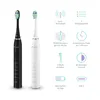 Two electric toothbrushes, one black and one white, are displayed alongside icons and text detailing their features. Produktbild-Vorschau