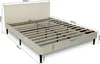 A beige upholstered bed frame with measurements indicated. Produktbild-Vorschau