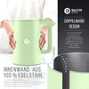 A person holding a mint-colored electric kettle, with marketing text and close-up views of the kettle's interior. Produktbild-Vorschau