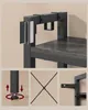 Collage of images showing details of a shelving unit, including a close-up of the frame, a leg with adjustable foot, a cross brace, and a side support. Produktbild-Vorschau