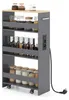 A gray kitchen cart with four shelves filled with jars of spices and other food items, placed on a white background. Podgląd zdjęcia produktu