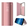 A collage of images showing a rose gold flip case for a smartphone, including a closed case, an open case, and a phone inside the case. Produktbild-Vorschau