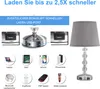A collage of a table lamp and various electronic devices that can be charged by it, with text highlighting its fast charging capabilities. Produktbild-Vorschau