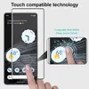 A smartphone screen protector is shown with a close-up inset demonstrating touch compatibility. Produktbild-Vorschau