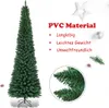 A tall, slender artificial Christmas tree is shown next to a close-up of its branches and marketing text highlighting its features. Voir les images du produit