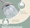 A close-up of a shower head with water spraying out, accompanied by icons and text describing its features. Produktbild-Vorschau
