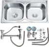 A double basin stainless steel kitchen sink and its plumbing accessories are displayed against a white background. Anteprima dell’immagine prodotto