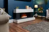 A modern living room with a fireplace, sofa, and side table. Náhled obrázku produktu