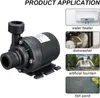 A collage showing a black water pump and its applications in a water heater, dishwasher, artificial fountain, and fish pond. Produktbild-Vorschau