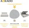 A marketing image showcasing a upholstered bed with its features. Produktbild-Vorschau