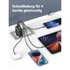 A UGREEN 65W GaN fast wall charger is shown plugged into a power outlet, simultaneously charging a smartphone, a tablet, and wireless earbuds. Produktbild-Vorschau