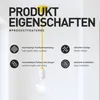 A product features graphic with icons and text describing product attributes, with a yellow cord and light bulb hanging in the background. Produktbild-Vorschau