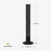 A tall, black, cylindrical patio heater with a base, shown on a white background with dimensions indicated by lines and text. Produktbild-Vorschau