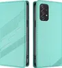 A turquoise phone case is shown from two angles, open and closed, on a white background. Produktbild-Vorschau