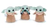 Three plush toys of the character Grogu (Baby Yoda) from The Mandalorian are displayed against a white background. The toy on the left is holding a white ball. The toy in the center is holding a blue and black striped object. The toy on the right is empty- Produktbild-Vorschau