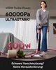 A woman is vacuuming a floor with a cordless vacuum cleaner. Promotional text is overlaid on the image. Produktbild-Vorschau