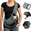 A woman is wearing a pet carrier sling bag with a small dog inside. The image also includes close-up shots of the bag's features. Produktbild-Vorschau