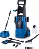 A blue and black pressure washer with various accessories laid out around it on a white background. Produktbild-Vorschau