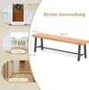 A collage showing different applications of a wooden bench, with a detailed product shot and dimensions. Produktbild-Vorschau
