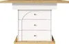 A close-up, front-facing view of a table's base, featuring three white drawers with small wooden knobs and a curved top drawer panel. The base is supported by a wooden structure, and the table's wooden top is partially visible at the top of the image. Produktbild-Vorschau