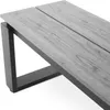 A close-up, angled view of a modern outdoor bench with a gray wood-grain finish and black metal legs, set against a white background. Produktbild-Vorschau