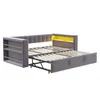 A multifunctional sofa bed with integrated shelving and LED lighting, shown in its extended bed form. Náhľad obrázku produktu