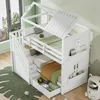 A white bunk bed with a house-shaped frame, stairs, and storage drawers, set in a child's room with a green rug and a window view. Anteprima dell’immagine prodotto
